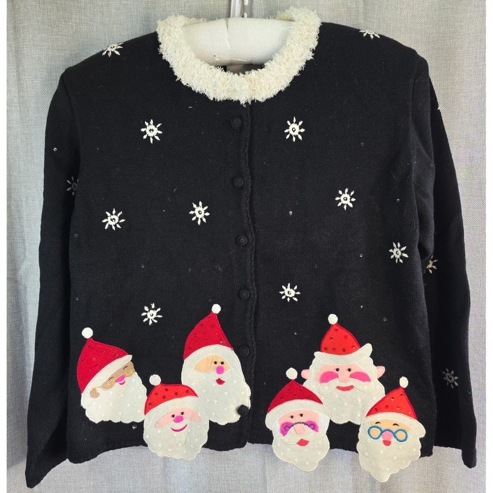 Arriviste Christmas Cardigan Sweater Womens XL Black Santa Claus Ugly Fuzzy